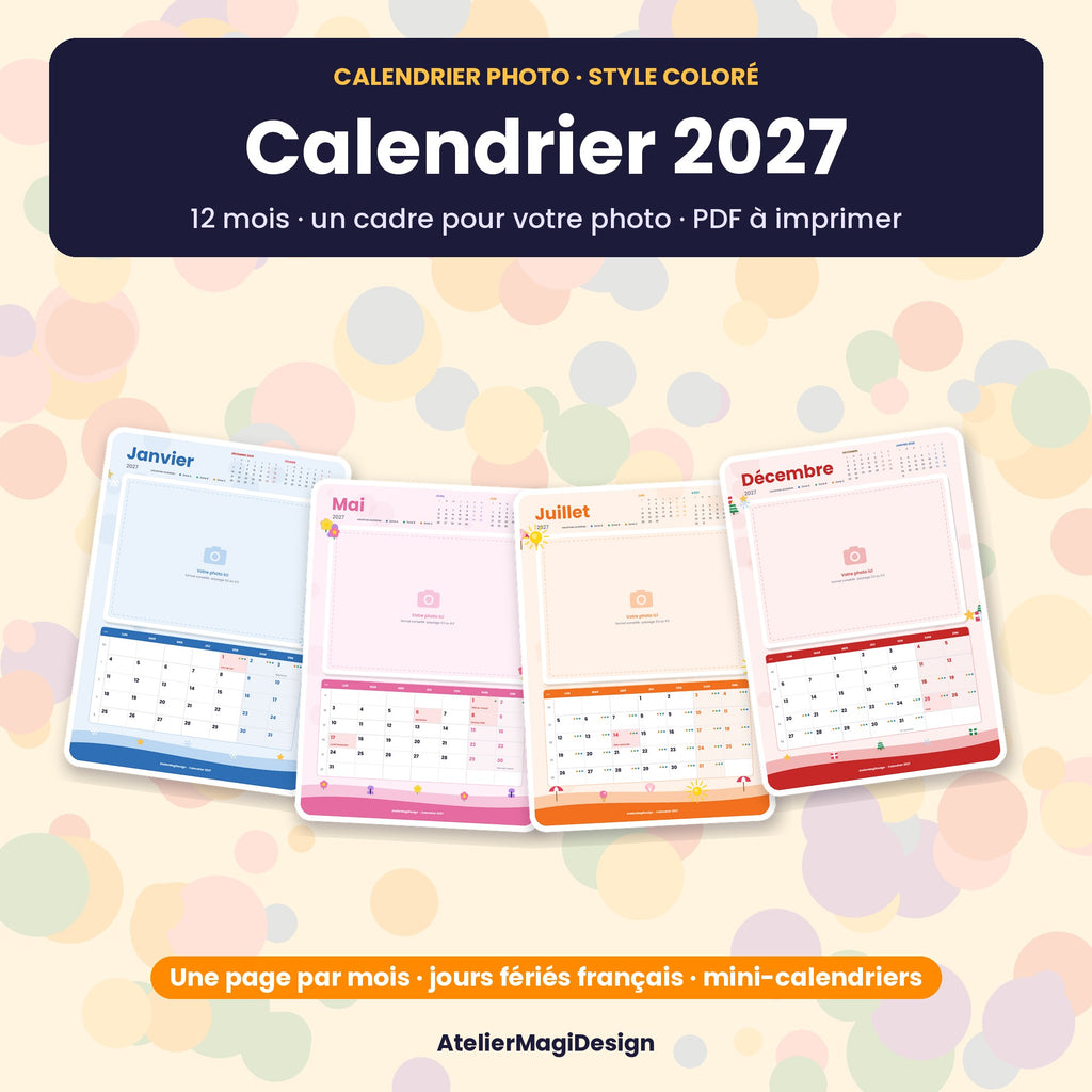 Calendrier photo 2027 coloré à imprimer (PDF, 12 cadres photo)