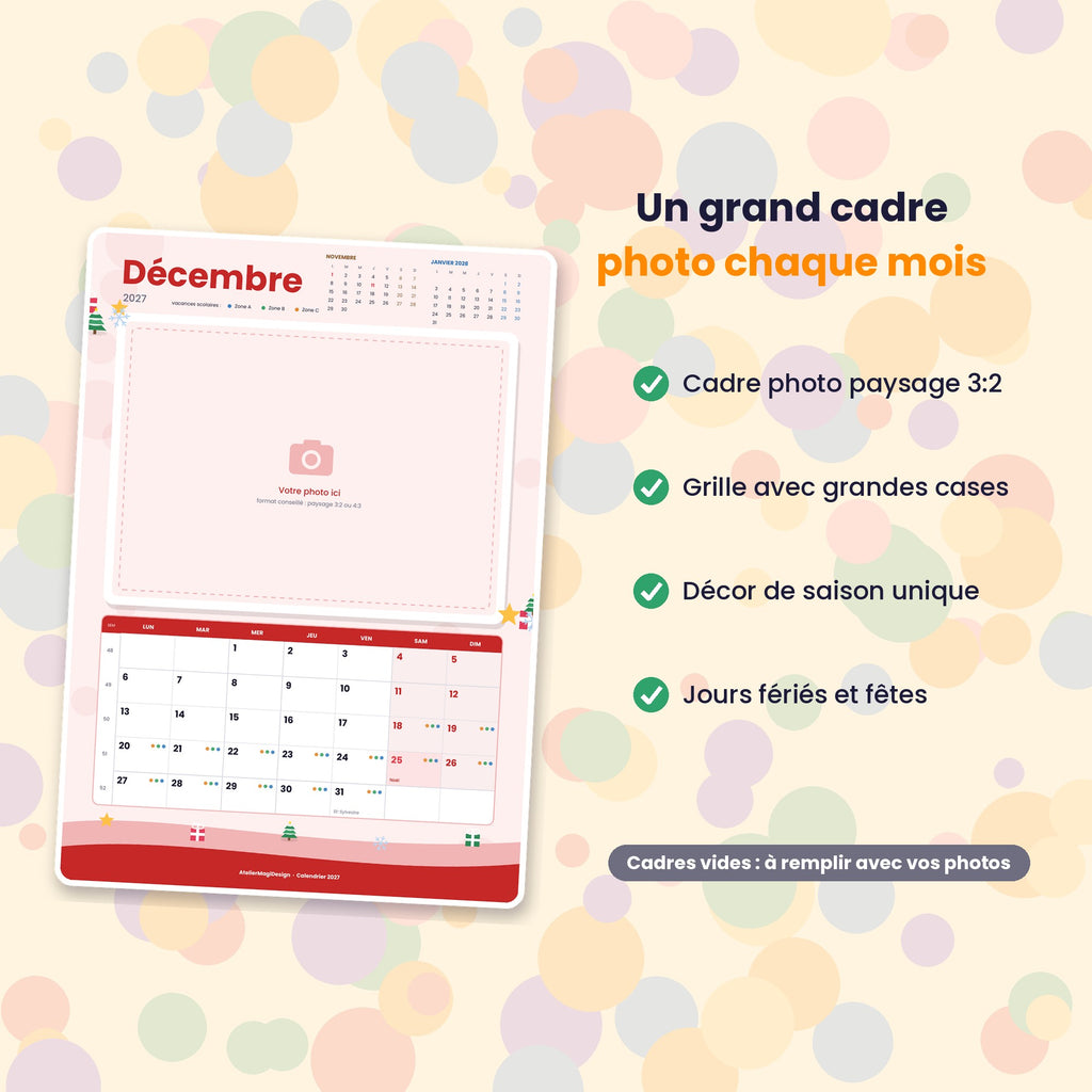 Calendrier photo 2027 coloré à imprimer (PDF, 12 cadres photo)