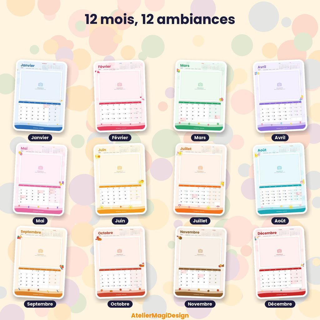 Calendrier photo 2027 coloré à imprimer (PDF, 12 cadres photo)