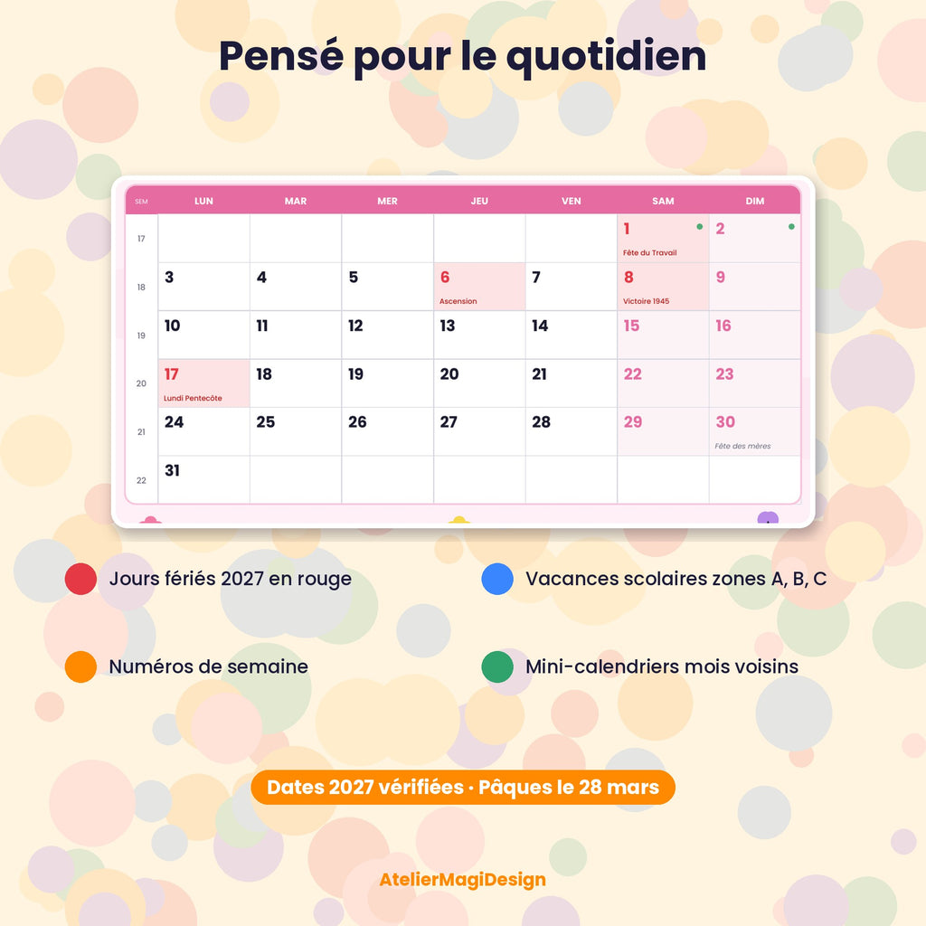 Calendrier photo 2027 coloré à imprimer (PDF, 12 cadres photo)