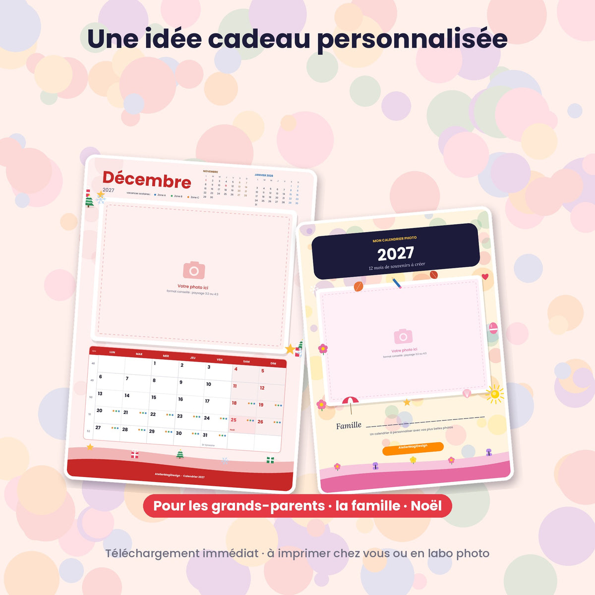 Calendrier photo 2027 coloré à imprimer (PDF, 12 cadres photo)